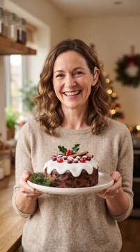Smiling Woman Holding Decorated Christmas Fruitcake in a Festive Kitchen
