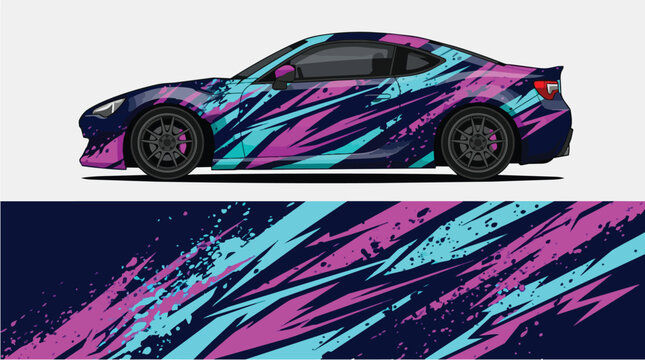 Car Wrap Design with Dynamic Splatter Decal in Purple Blue and Teal