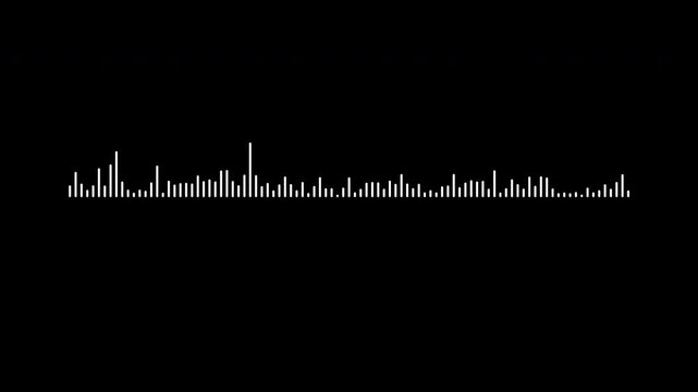 White sound waveform spectrum animation on black background, music equalizer frequency lines, digital audio meter, voice record effect for overlay, sound wave spectrum concept, 4k seamless loop