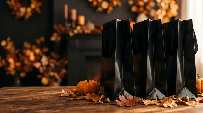 Glossy Black Shopping Bags on Wooden Table With Autumn Pumpkin Leaves and Acorn Decorations for Fall Sale Season