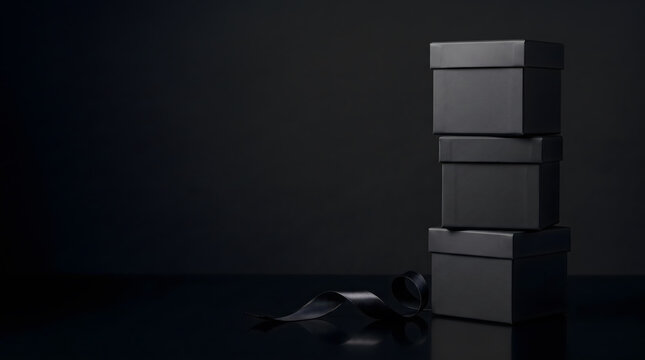 Three Stacked Matte Dark Gift Boxes With Satin Ribbon on Reflective Surface With Massive Copy Space