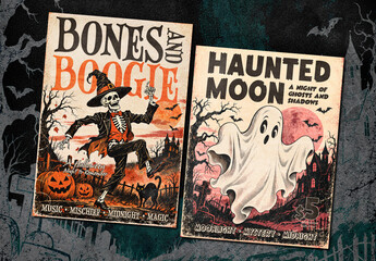Vintage Halloween Skeleton And Ghost Poster Set