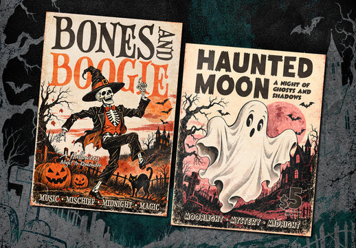 Vintage Halloween Skeleton And Ghost Poster Set