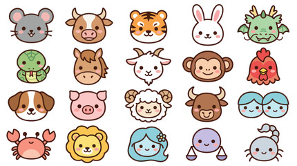 Obraz premium Cute animal zodiac icons collection