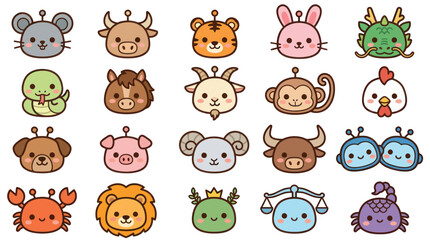 Obraz premium Cute animal zodiac icons collection