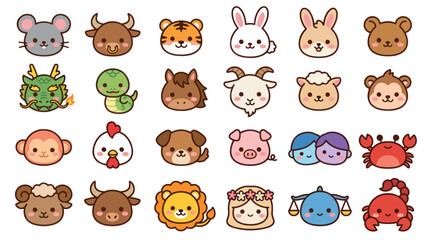 Fototapeta premium Cute animal zodiac icons collection