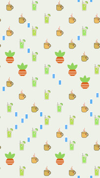Seamless pattern of tea cups, drinks, and potted plants