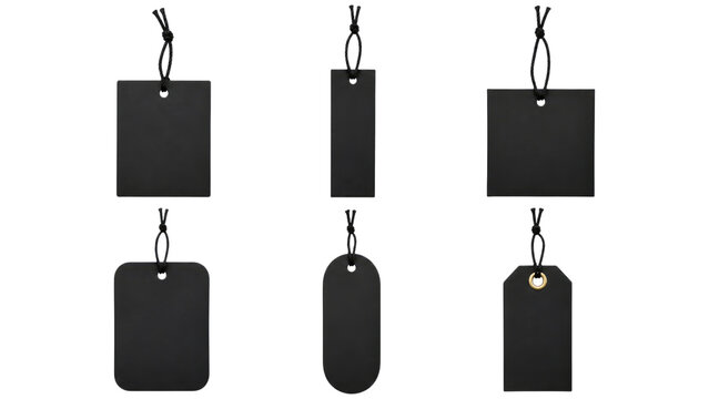 Six black hanging blank tags in various shapes tied with black cords on a transparent background