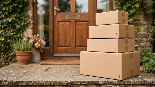 Stack of Numbered Cardboard Delivery Boxes at Stone Cottage Front Door With Ivy and Potted Plants
