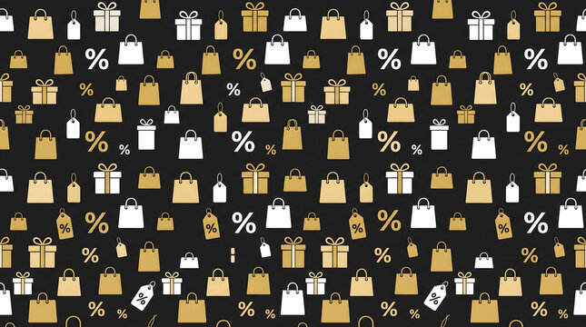 Seamless Black Friday Shopping Pattern With Gold and White Gift Boxes Bags and Percent Signs on Dark Background