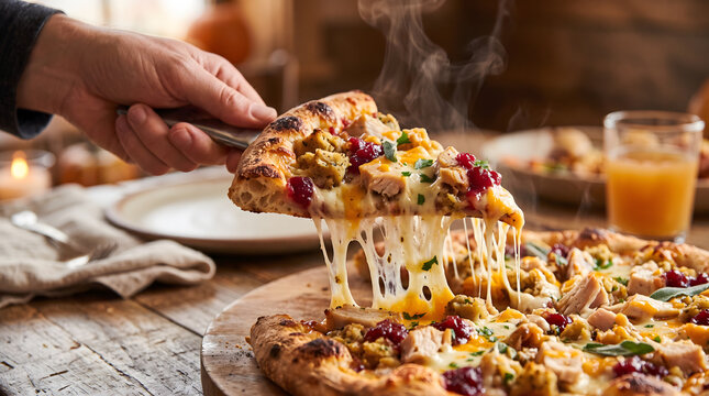 Hand Lifting Cheesy Thanksgiving Turkey Pizza Slice With Cranberry Sauce and Stuffing on Rustic Wooden Board