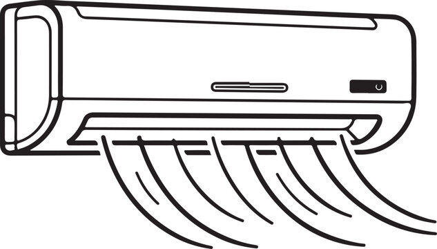 Graphic illustration of a wall mounted air conditioning unit with blowing air flow lines air conditioner line art