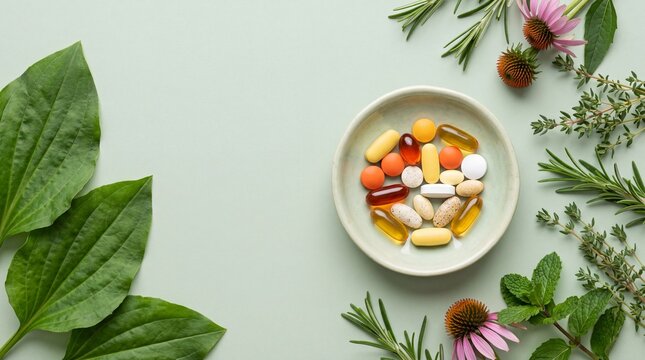 A ceramic bowl filled with colorful dietary supplements and pills surrounded by fresh medicinal herbs and green plant leaves on a light background
