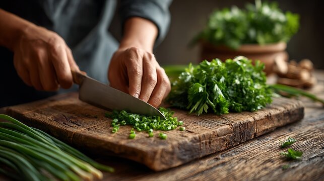 Chef hands chopping fresh green parsley on a wooden cutting board