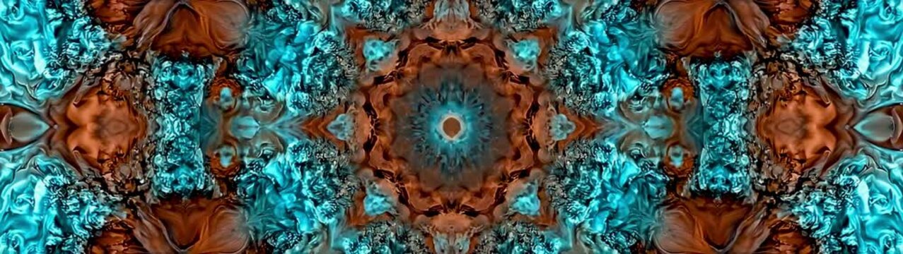 Kaleidoscope pattern with flowing blue and brown liquid ink psychedelic motion background for creative visual projects and digital art.