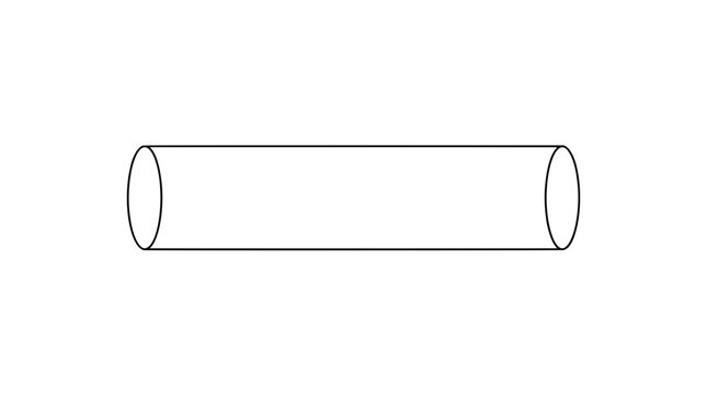 Minimalist outline illustration of a horizontal cylinder with oval end caps suggesting a handleless rolling pin drawn with thin clean lines in lateral composition emphasizing geometric simplicity