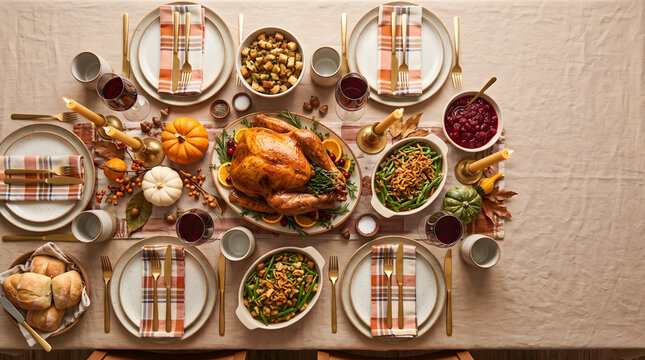Overhead Thanksgiving Dinner Table for Six With Roasted Turkey Stuffing Green Bean Casserole and Plaid Napkins