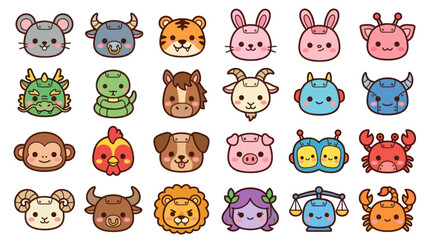 Fototapeta premium Cute animal zodiac icons set
