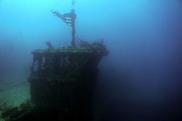 Travel and History: American Flag Flying Above Wheelhouse Superstructure on USS Spiegel Grove Shipwreck at Key Largo, Florida © Rob