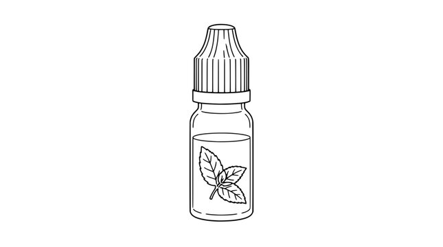 Black outline vector icon of a small glass dropper bottle with ribbed cap, liquid level and mint leaf emblem on label drawn with thin lines in centered composition highlighting neck shape