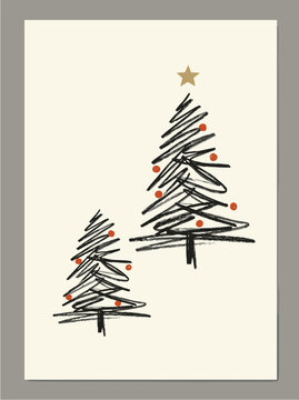 Hand-drawn Christmas trees with orange ornaments and a star. Simple sketch style on soft cream background. Perfect for holiday cards or festive design projects