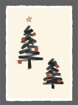 Simple, hand-drawn Christmas trees with red ornaments. One tree taller, crowned with a golden star. Hand-drawn style evokes warmth and nostalgia. Ideal for holiday cards, greeting desig