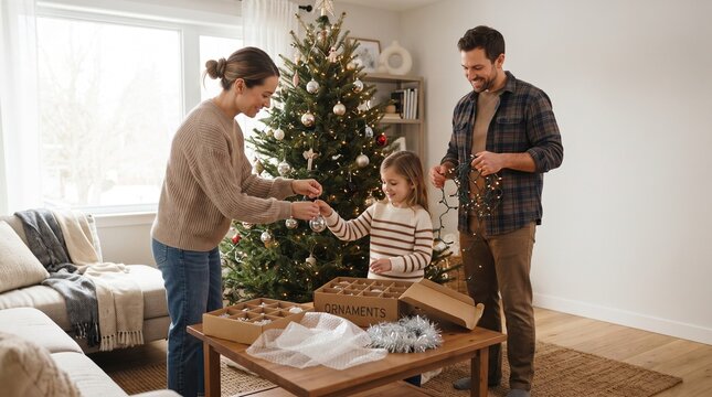 Happy family decorating a Christmas tree together with ornaments and lights in a cozy living room