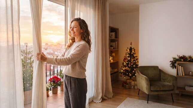 Woman opens curtains to see sunrise over city with Christmas tree and decorations inside