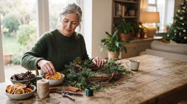 Woman crafting a Christmas wreath with natural elements like pinecones and dried oranges