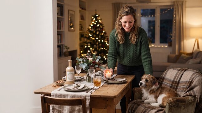 Woman setting table for Christmas dinner with dog nearby and decorated tree in background