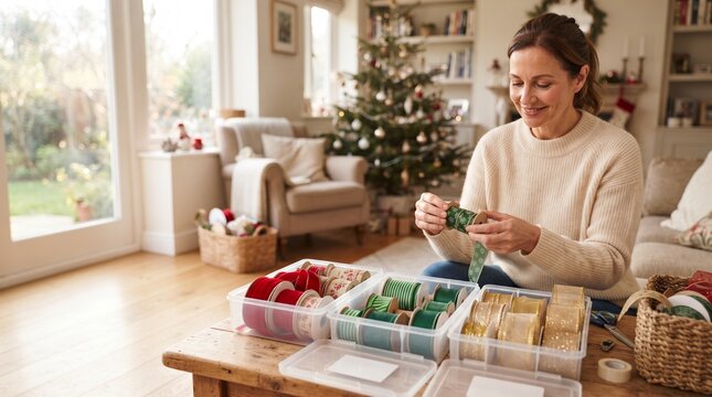 Woman preparing Christmas gifts by organizing festive ribbons in a cozy living room with a decorated tree