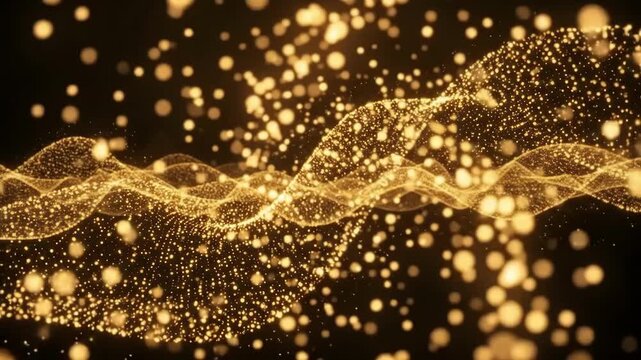 Slow motion tracking pan tilt golden particles forming undulating waves with floating bokeh lights in dark studio space