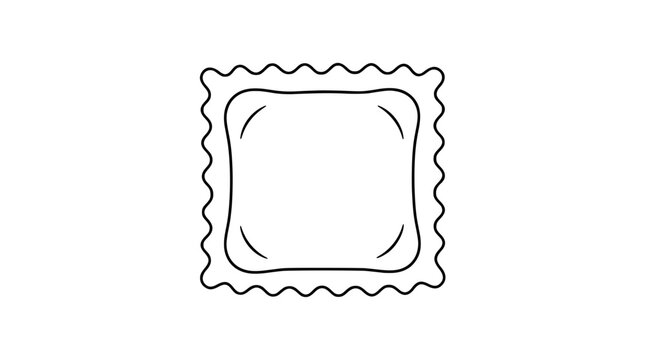 Black outline vector icon of a square stuffed ravioli pillow with wavy crimped outer rim and puffed inner cushion drawn in medium smooth lines centered in composition stressing corner fullness