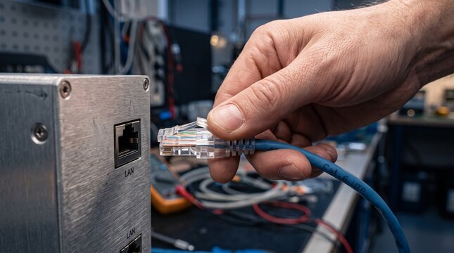 Ethernet cable connection to network port for industrial communication and system setup