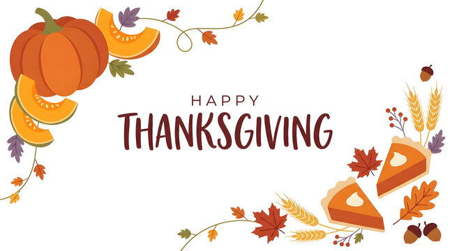 Happy thanksgiving greeting card design with pumpkins autumn leaves and pie slices pumpkin pie fall foliage