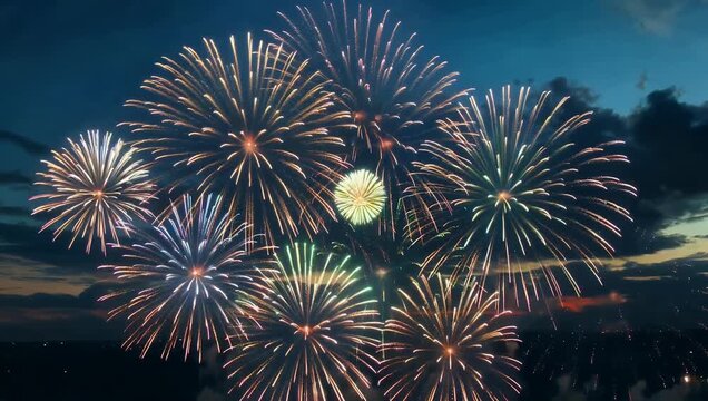 spectacular celebratory 4K night scene features vibrant fireworks exploding across a dark sky in dazzling colors capturing motion light trails and festive energy that radiates joy and excitement