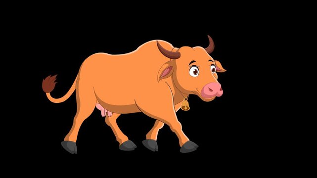 A cheerful 2D Cartoon brown medium cow character walking animation suitable for farm, dairy, or children's content on alpha background