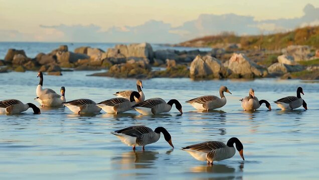 peaceful wildlife 4K scene captures migratory geese leisurely foraging and swimming in shallow coastal waters during their autumn migration portraying calm movement natural rhythms and seasonal