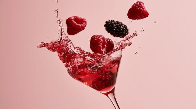 Vibrant raspberries and blackberries splash playfully from a stemmed glass, representing a refreshing summer beverage concept