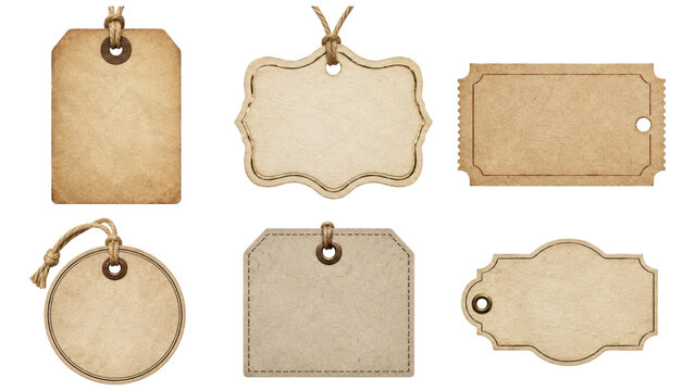 Set of six blank vintage kraft paper tags in various shapes with strings and eyelets, textured aged look ideal for gifts, pricing, craft projects, labels and packaging