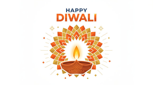 Happy diwali greeting card design with a glowing oil lamp and intricate colorful mandala pattern