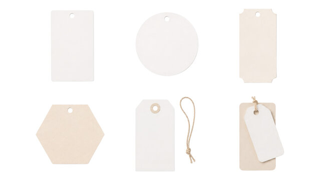 Assortment of blank white and kraft paper gift tags in round, rectangular, ticket, hexagon, scalloped and layered shapes, some with punched holes and twine, isolated on transparent background