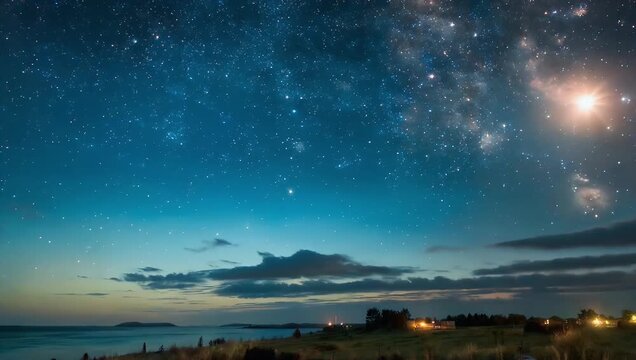 soothing high-resolution 4K astronomical time-lapse captures the gentle movement of stars slowly drifting across a tranquil night sky above a quiet landscape creating a peaceful sense of scale