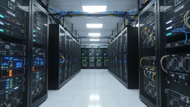 Tracking shot along server racks with blinking status lights and bundled cables in data center aisle with overhead cable trays
