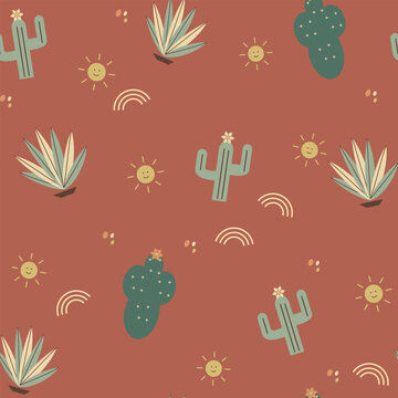Seamless desert cactus and agave pattern with sun motifs on a terracotta background