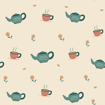 Seamless tea pattern with green teapots, terracotta cups and small flowers on cream
