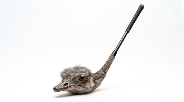 Golf club with ostrich head and neck end isolated on white background, hiding head in sand business avoidance and surreal sports equipment concept