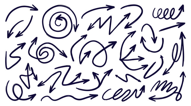 Hand Drawn Arrow Collection featuring dark blue ink sketch arrows and doodle pointers on white background, ideal for presentation slides, educational infographics, and creative web design.