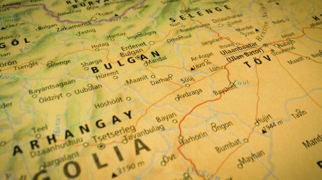 Mongolia &ndash; flyover toward Ulaanbaatar across physical atlas map