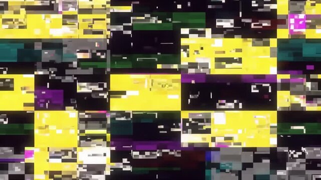 Panning shot of digital glitch distortion shifting across colorful pixelated screen with horizontal and vertical scanline artifacts in abstract display